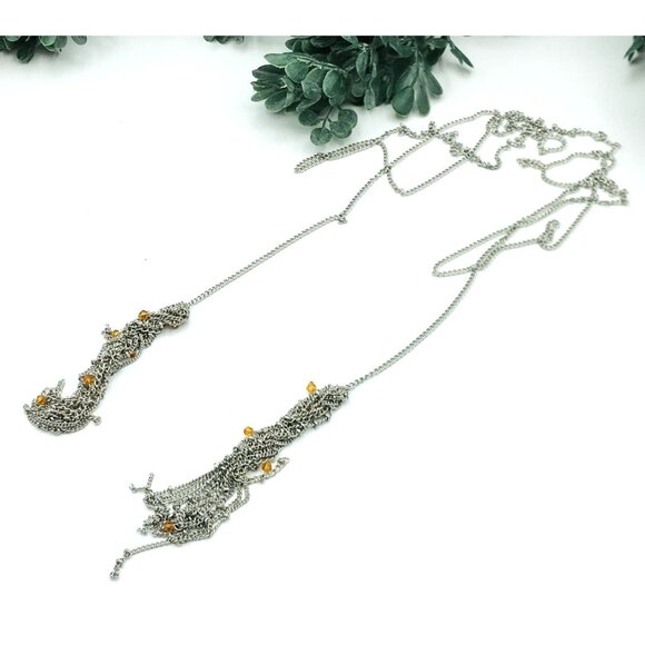 Vintage Style Long Silver Chain Necklace With Orange Bead Accents And Tassel Pen - Picture 3 of 7